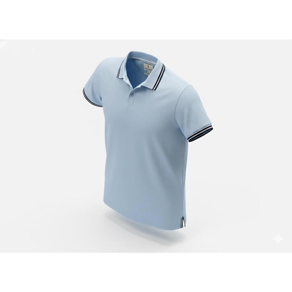 Scott James Large Light Blue Polo Shirt with Striped Collar and Sleeve Cuffs